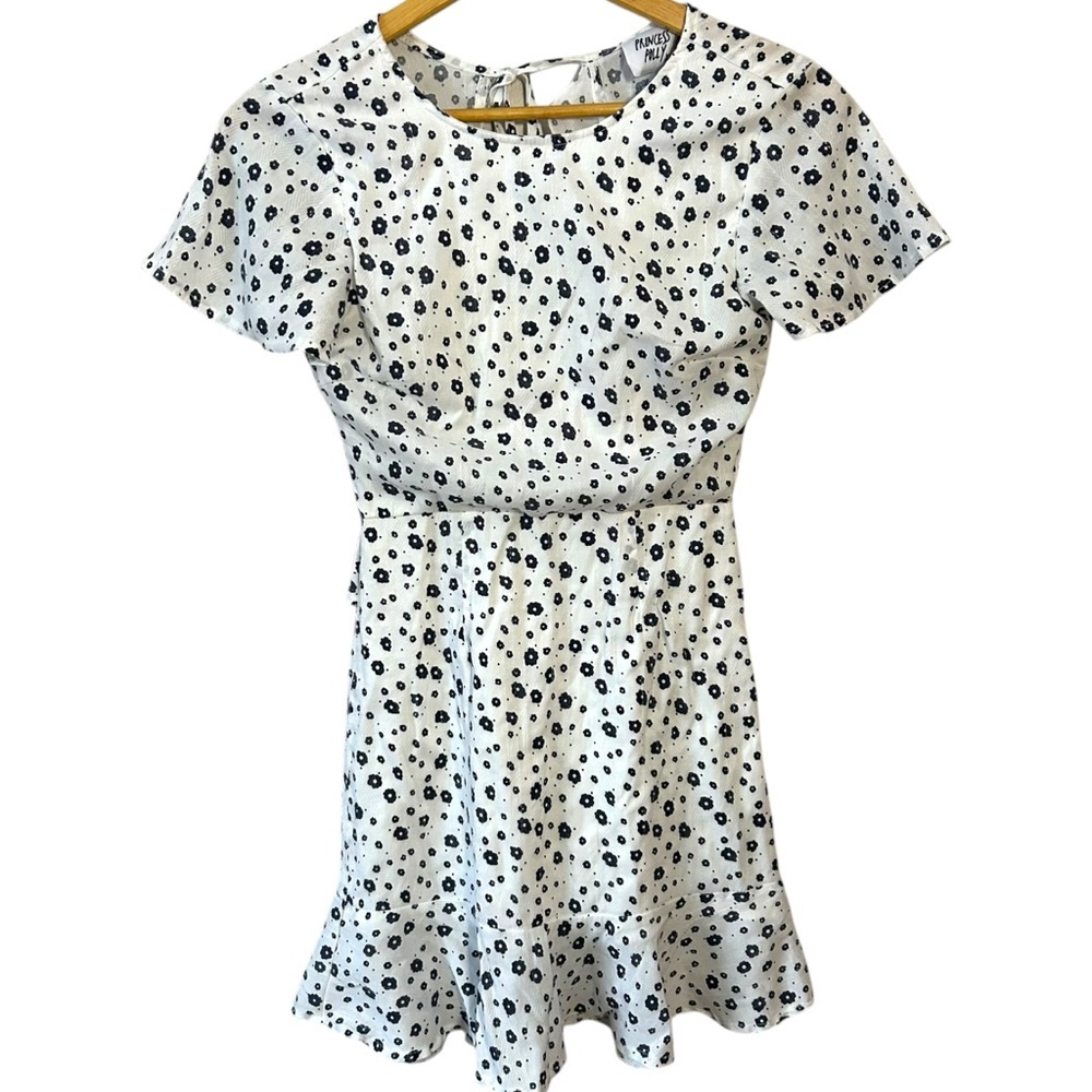 Princess Polly Women’s Nate Dainty Floral Mini Dress Blue White Ruffle Cut out 4